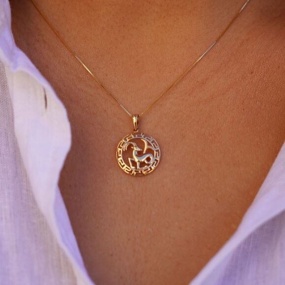 14K Solid Gold Round Capricorn Zodiac Sign Charm | Elegant Astrology Pendant | - Picture 3 of 13